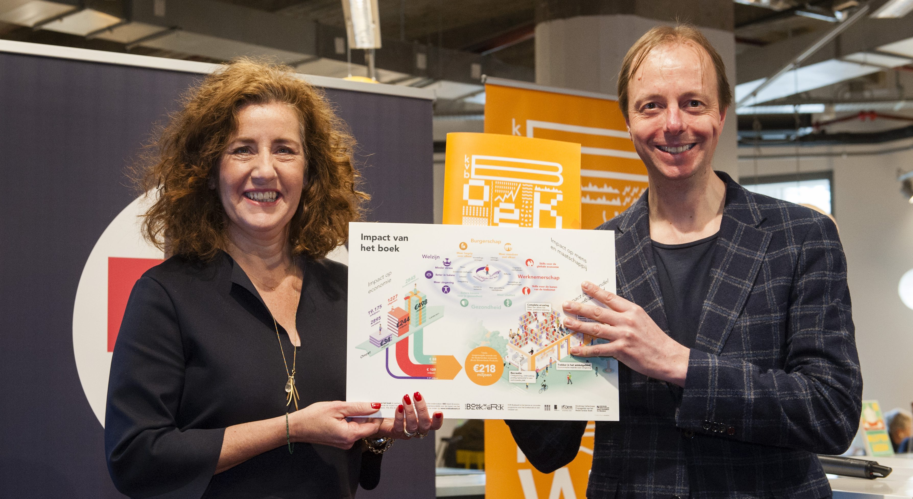 Minister Ingrid van Engelshoven (van OCW) ontvangt het rapport over impact van het boek uit handen van Eelco Zuidervaart (directeur van boekhandel Donner)