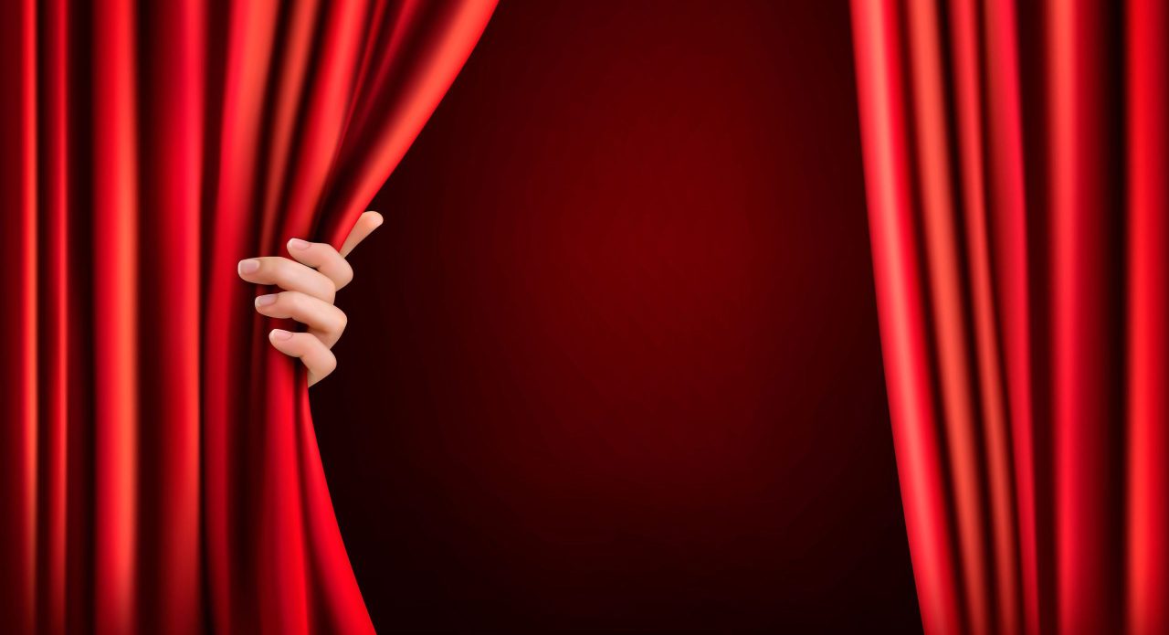 Background with red velvet curtain and hand. Vector illustration