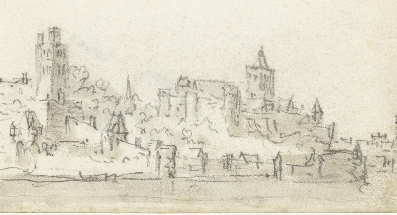 Een oude tekening met een schets van de stadsgezicht Nijmegen